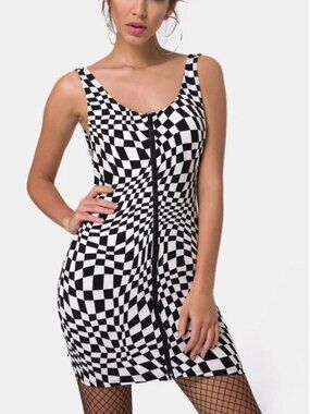NWT Motel Rocks Black & White Optical Checkered Zip Front Mini Dress